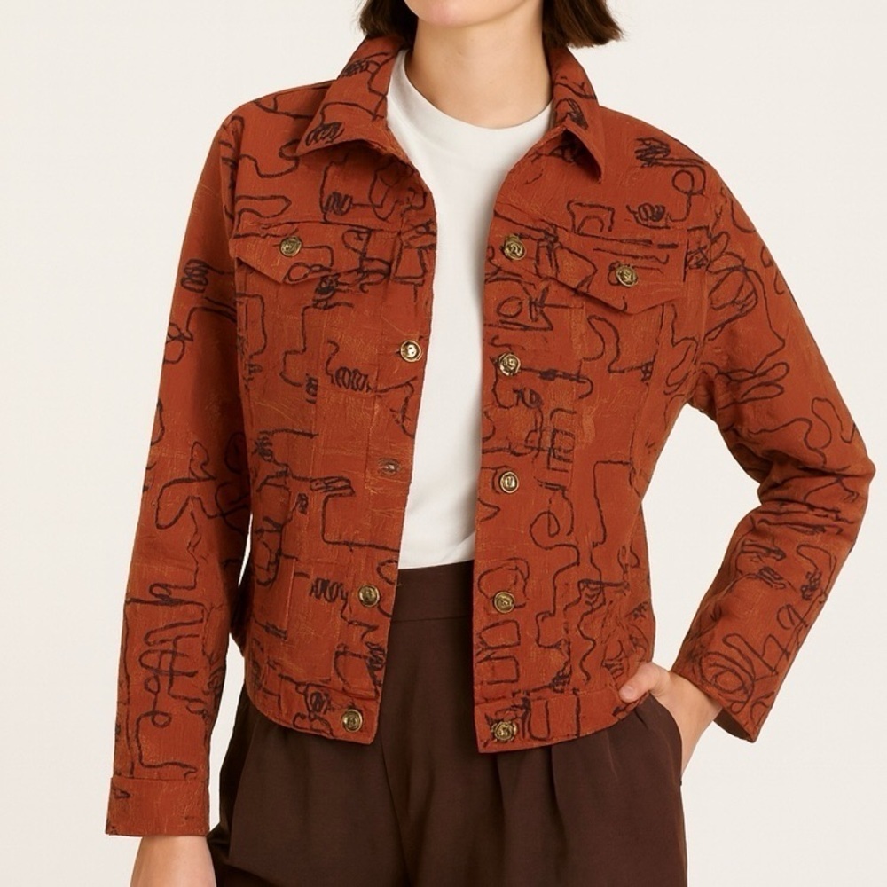 Artisan Denim Jacket Cotton Embroidered Abstract Art 2 Wear 80’s VTG Rust BRN 12